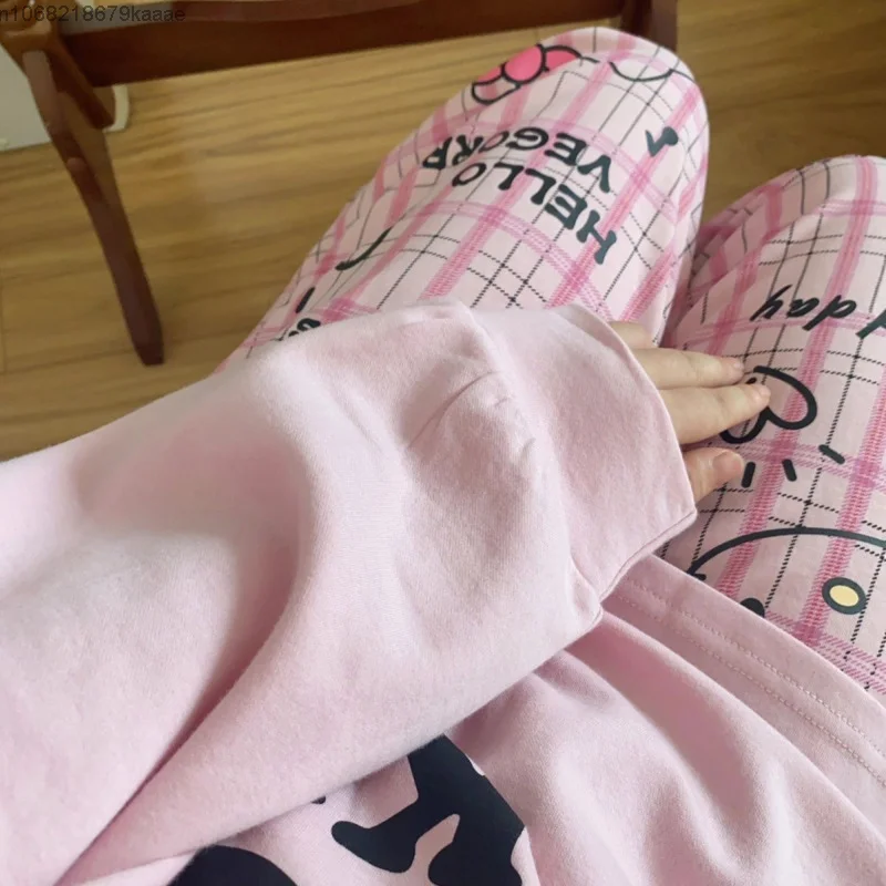 Sanrio Hello Kitty Women Autumn Winter Cotton Long Sleeve Pajamas Sweet Cute Round Neck Loose Casual Nightgown Home Sleepcoat