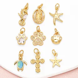 OCESRIO White Crystal Seahorse Charms for Bracelet Copper Gold Plated Paw Turtle Cross Jewelry Making Accessories chma329
