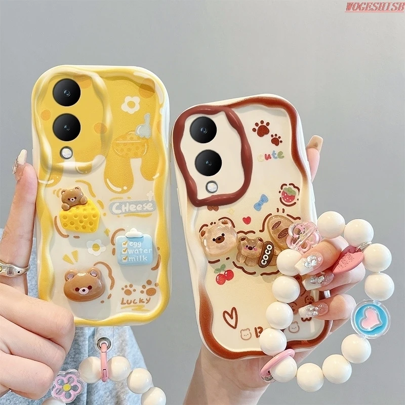 3D Kuromi Cute Bear Wave Phone Case For Huawei P40 Lite P Smart Pro 2019 Y9S Mate 60 Flower Wrist Strap Cartoon Cover