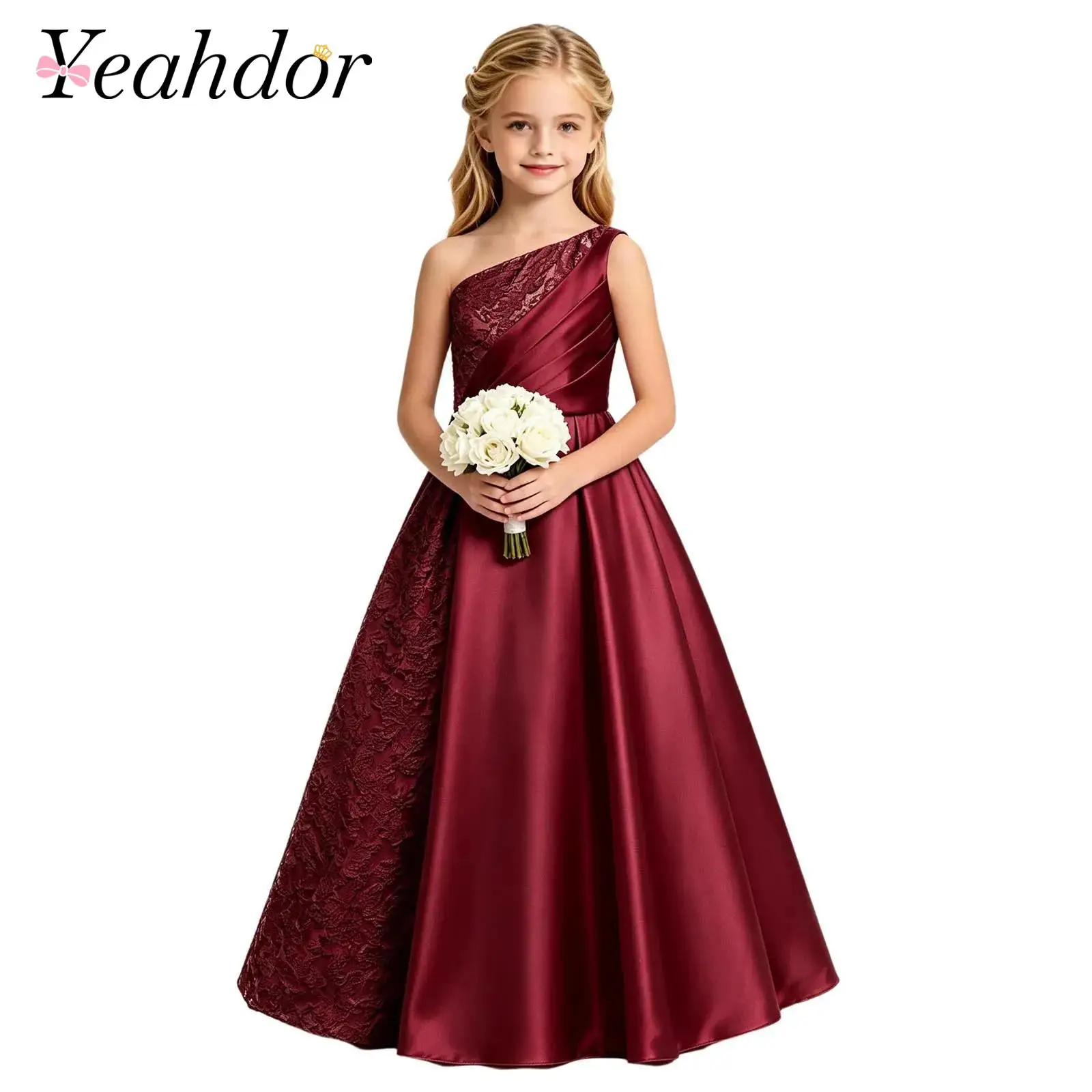 Satin Flower Girl Dress One Shoulder Junior Bridesmaid Dresses Princess Girls Wedding Guest Dress Girl Prom Outfit Pageant Gown