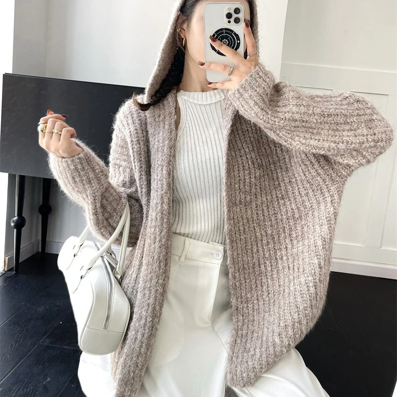

2026 Wool Knitted Cardigan Sweaters Women Y2k Jumpers Hooded Long Sleeve Open Stitch Loose Fit Casual Thick Office Lady Autumn