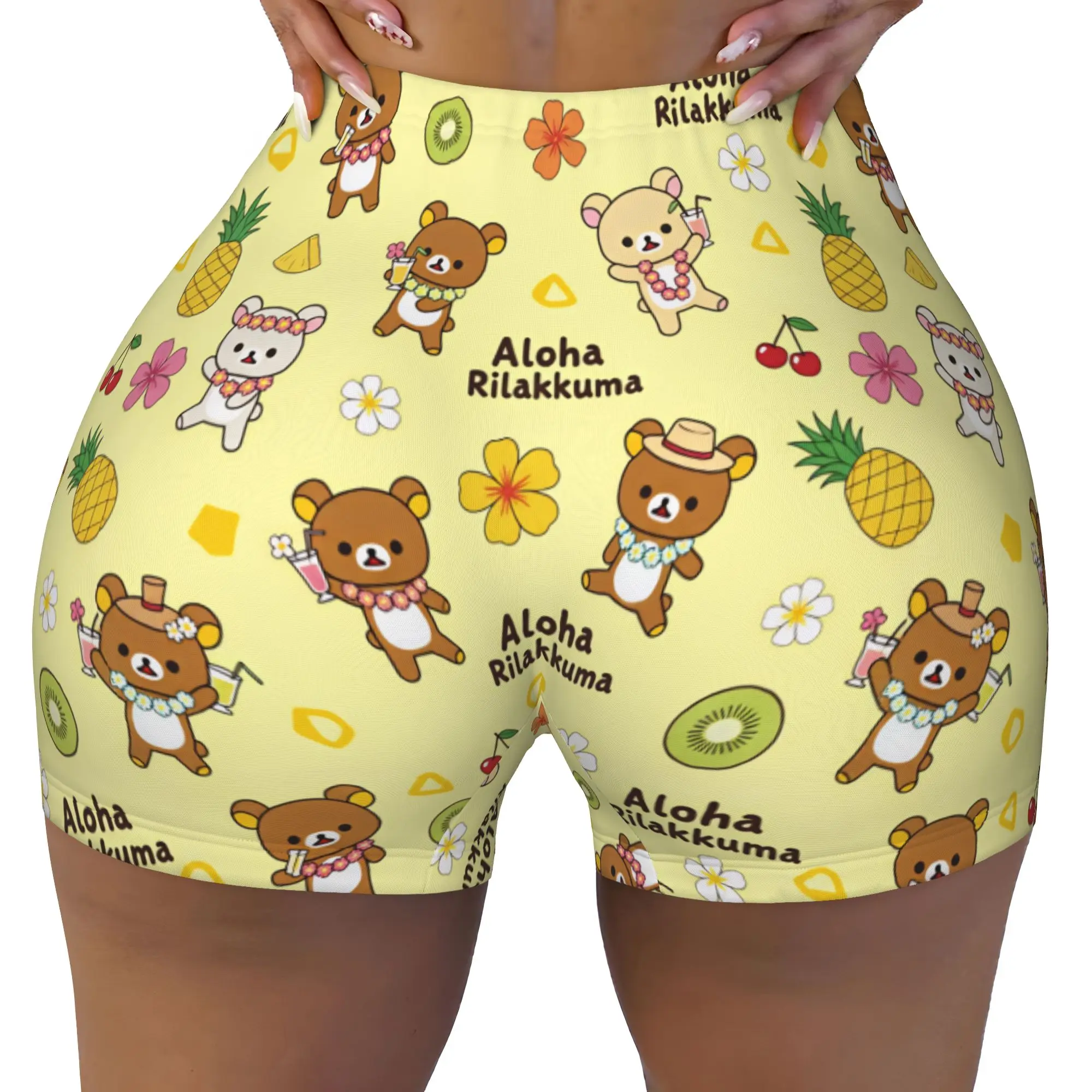 Rilakkuma Korilakkuma Kiiroitori Biker Running Workout Shorts Women's Tropical Fruits Athletic Gym Yoga Shorts
