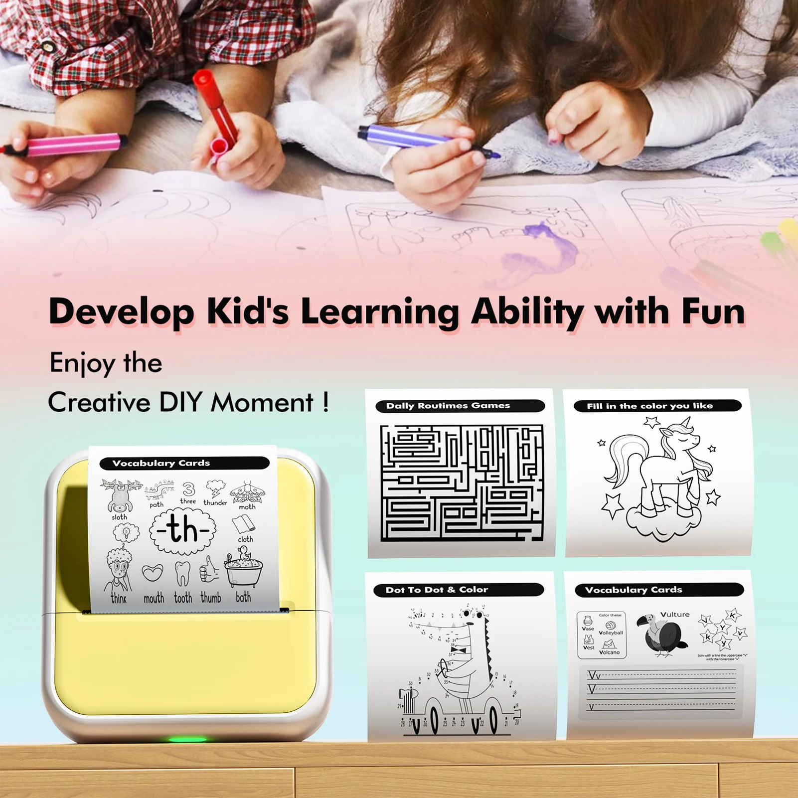 طابعة حرارية للملصقات مقاس 57 مم، طابعة جيب مقاس 2 بوصة، توصيل لاسلكي BT متوافق مع أندرويد لتطبيق IOS يدعم استلام الإيصالات