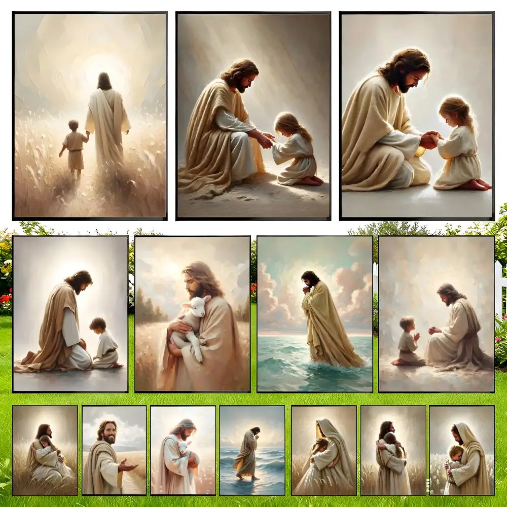 Jesus God Lamb Angel Boy Girls Praying Bible Poster Easy to Install Self Adhesive HD Wall Decor Waterproof Tear Resistant Home B