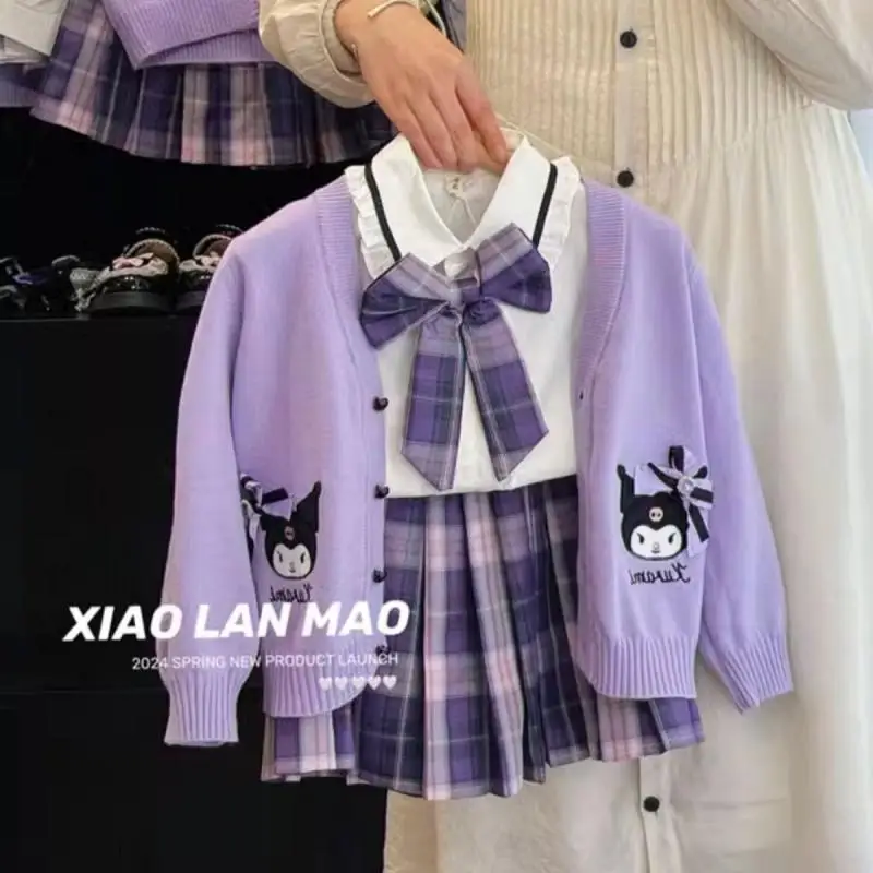 

Sanrio Girls Knitted Sweater 3Pcs Kuromi Girls New Style Pleated Skirt Spring Clothing Academy Style Three-Piece Fashion Uniform