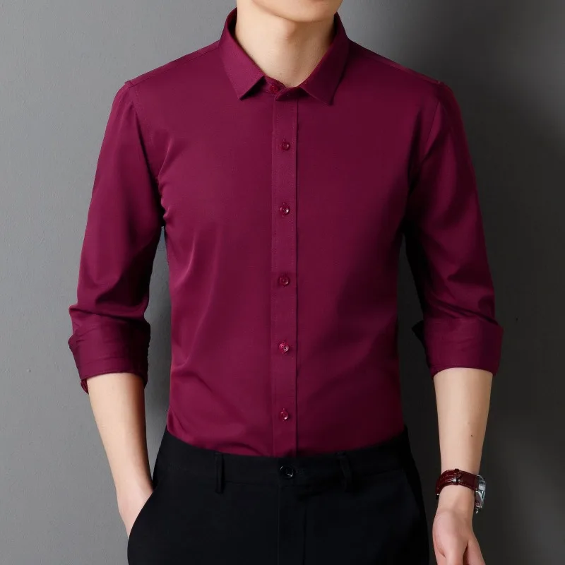 Men's Business and Leisure Non Ironing Elastic Long Sleeved Shirt, European Size, Comfortable and Breathable Solid Color Shirt