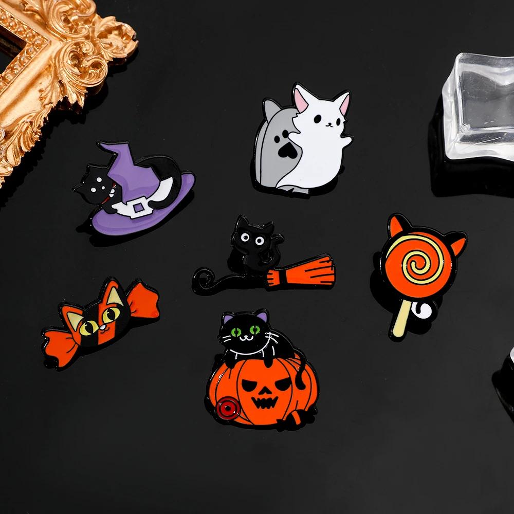 Creative Halloween Cat Enamel Lapel Pins Cartoon Funny Kitten Metal Brooches for Women Festival Badges Clothes Accessories Gifts