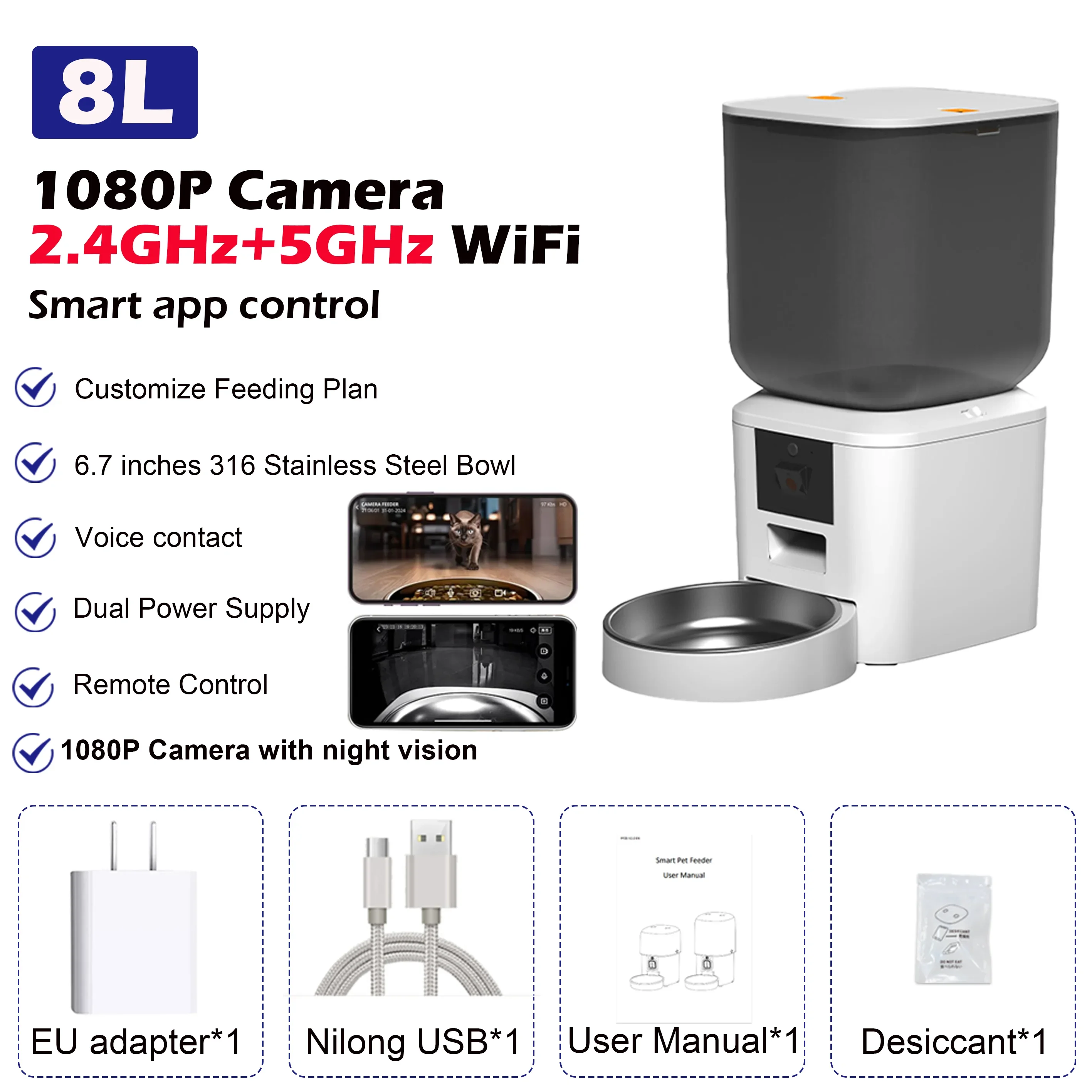 Furpipi 8L スマート自動給餌器 1080P HDカメラ搭載 5G WiFiペット
