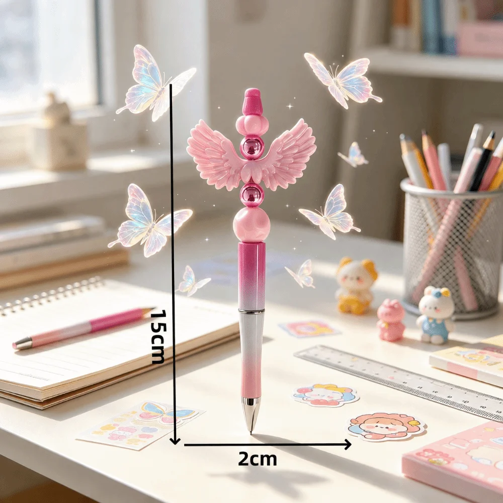 Smooth Writing Beadable Ballpoint Decorative Stacked Beads Bow Topper Ballpoint Pens Plastic Gradient Color Beaded Ballpoint Pen