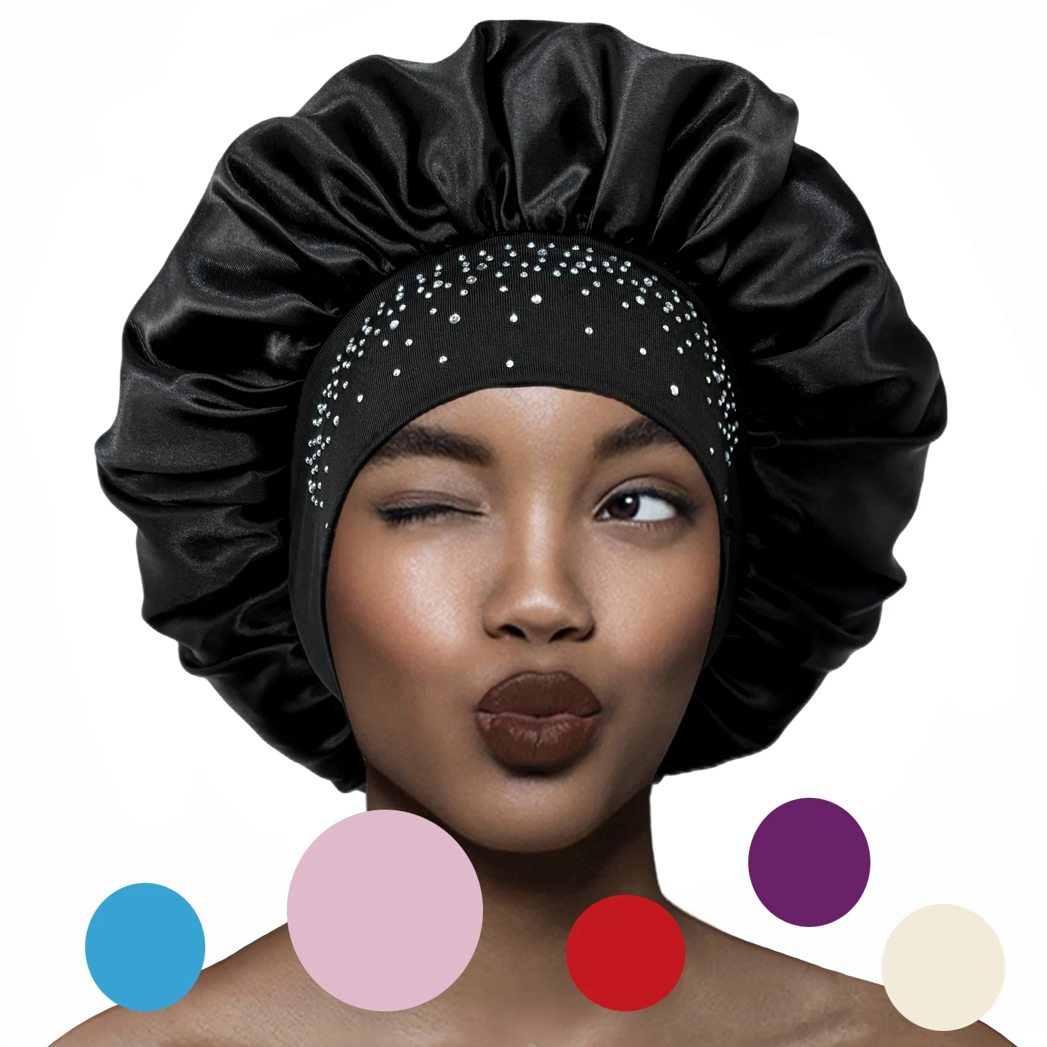 Newly Women Satin Night Sleep Cap Luxury Rhinestone Hair Bonnet Hat Shower Cap Bathroom Hair Accessories Turban Headwrap