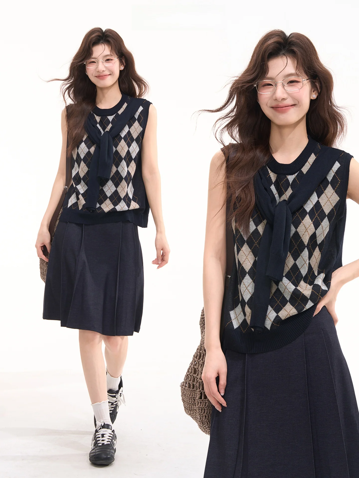 

Heme 6 Wool Knitted Vest Top Women's Summer Casual Style Loose Fit Diamond Pattern Tied Waist Design Fashionable Versatile