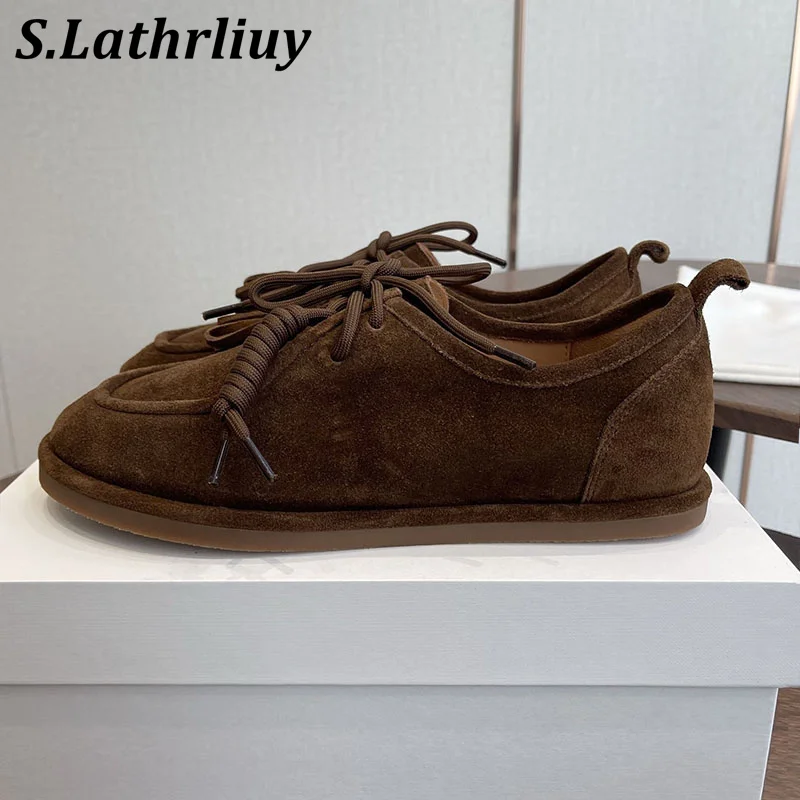 Flat Shoes Women Retro Suede Lace Up Casual Shoes Spring Autumn Tassel Design Round Toe Loafers Commuting Versatile Single Shoes