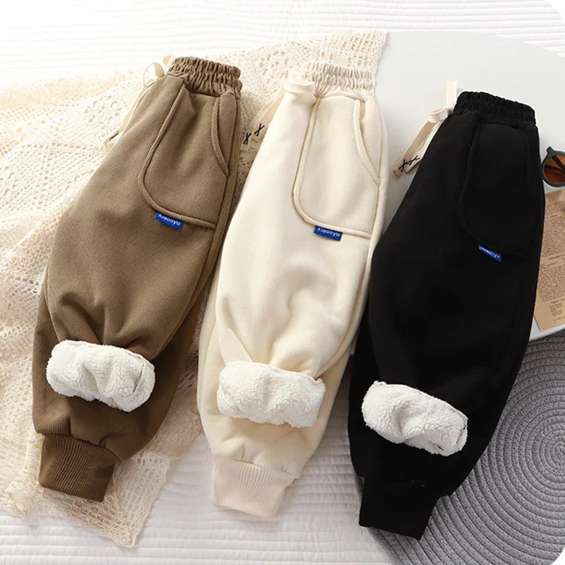 New Boys 2-12Y Winter Thick Sweatpants For Girls Casual Pants Boy Student Loose Sports Pants Baby Pockets Kids Trousers