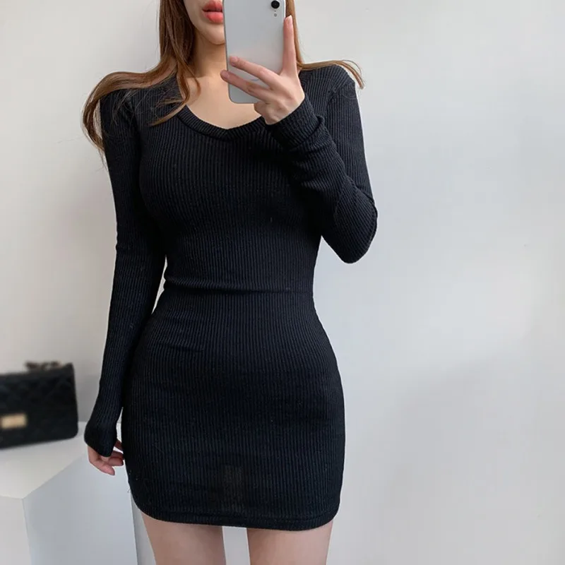 Damska sukienka z długim rękawem V Neck Slim Sexy Solid Color Pullover Bodycon Elastic Dress Hip Wrap All-Match Hotgirl Stree Wear