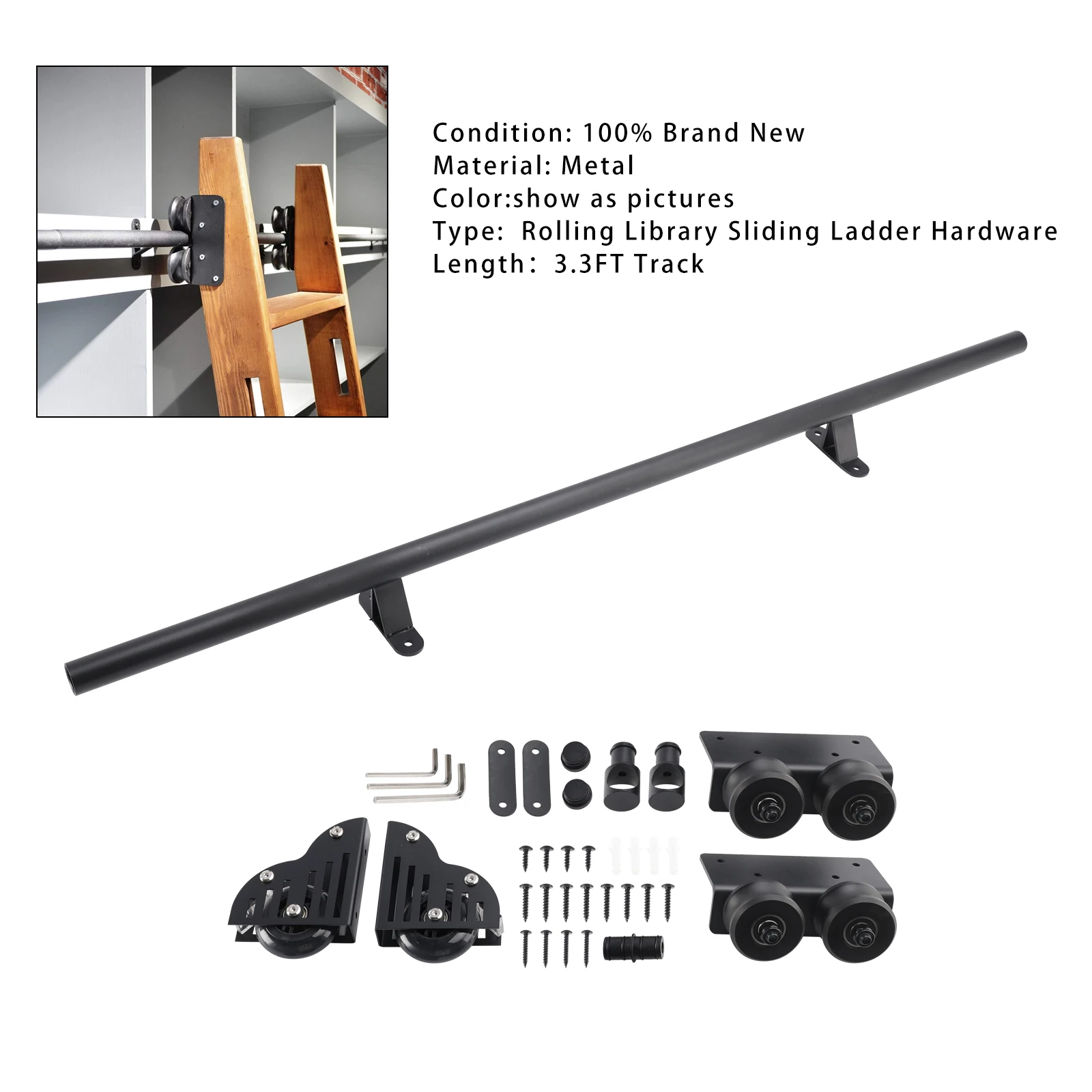 Artudatech Rolling Library schuifladderbeslagset met rem 3,3FT ronde buis