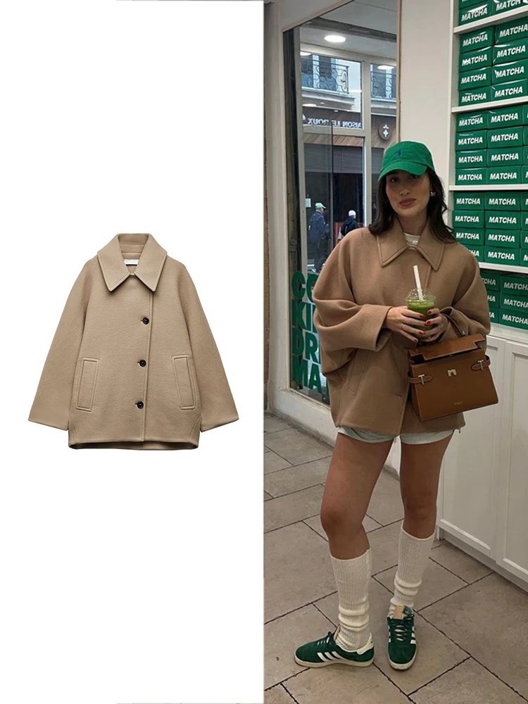 TRAF Women's Casual Vintage Khaki Coat Bat Sleeve Lapel Warm Tweed Coat Autumn and Winter Fashion Loose Single Breasted Coat