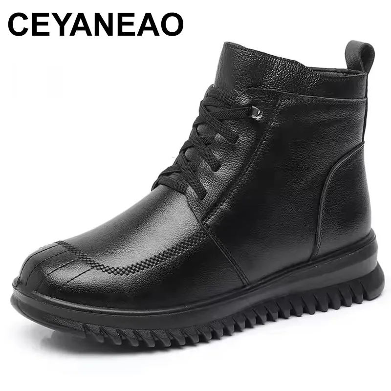 

Women Boots Winter Fashion Lace Up Genuine Leather Ankle Boots Woman Plush Warm Casual Shoes Mother Waterproof Non-slip Booties