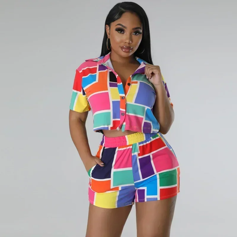 

GUWU Vintage Printed Short Sleeve Mini Shirt Blouse and Shorts Suit 2024 Fashion Summer Two 2 Piece Set Outfits Tracksuit