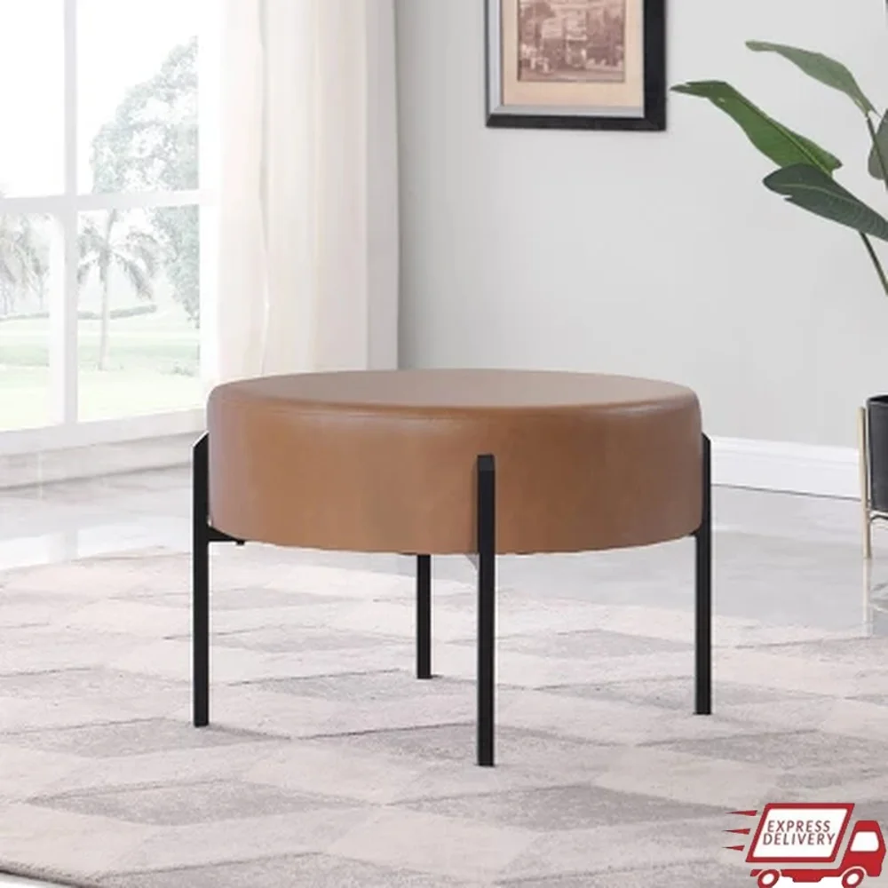 

Modern Round Ottoman Faux Leather Upholstered Footstool with Metal Legs Multipurpose Coffee Table Easy Care Assembly Living Room
