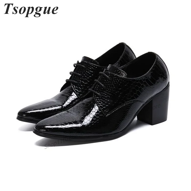 

Cross-Tied Black Snake Skin Shoes For Men Men's Pumps Thick Heel Runway Casual Party Shoes 2023 Fashionable Zapatillas Mujer