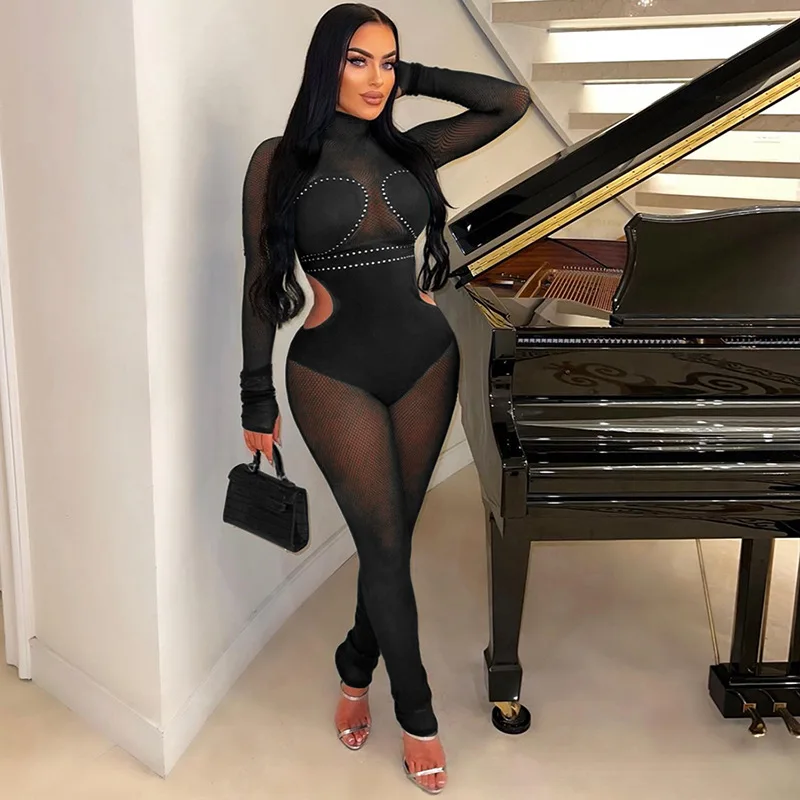 

Sexy Me Splice Glue Diamond See-tough Tightening Butt Lifting One-piece Suit Polyester Thin Winter Mid-waist Long Pants