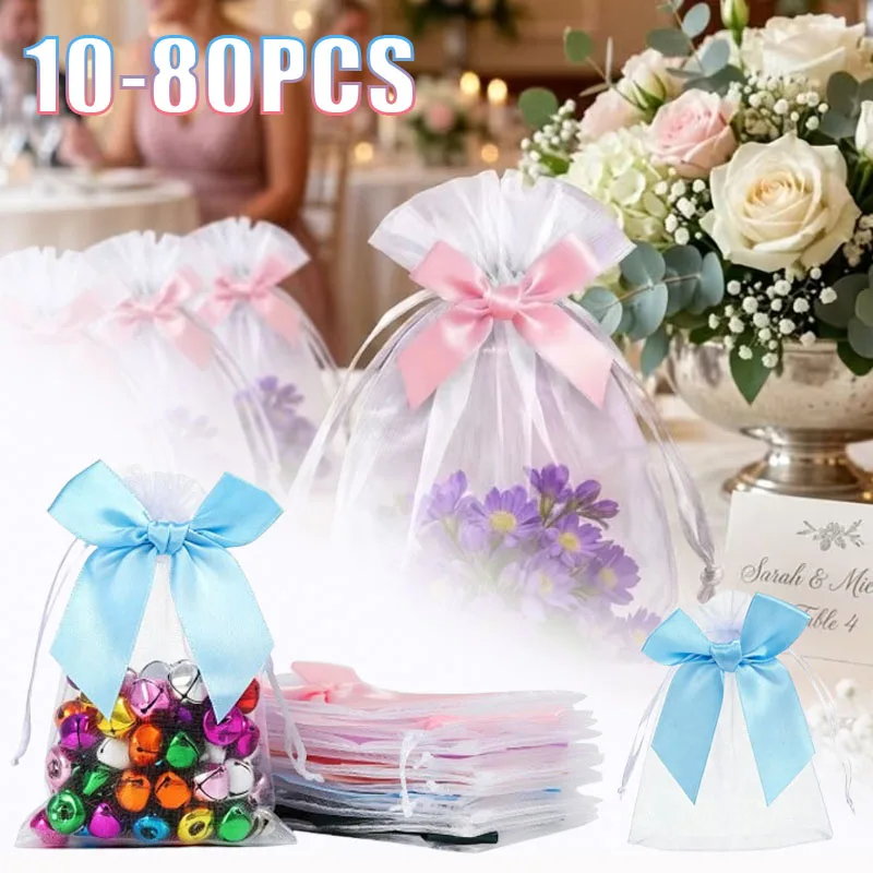 10-80Pcs Transparent Organza Drawstring Bag with Collision Color Bow Sheer Mesh Pouch with Ribbon Tie for Gift Party Favor