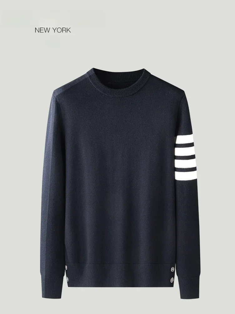 

Мужской шерстяной свитер из тонкой пряжи с четырьмя полосками, осенне-зимний, комфортный, с круглым вырезом, длинными рукавами, в традиционном этническом стиле