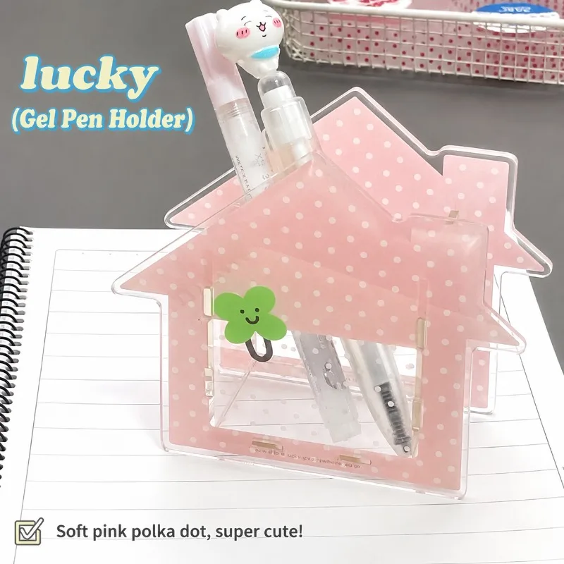 Korean Style Pink Polka Dot House Shape Acrylic Pencil Holder Desk Organizer, Cute Ins Desktop Storage Case for Pens Makeup