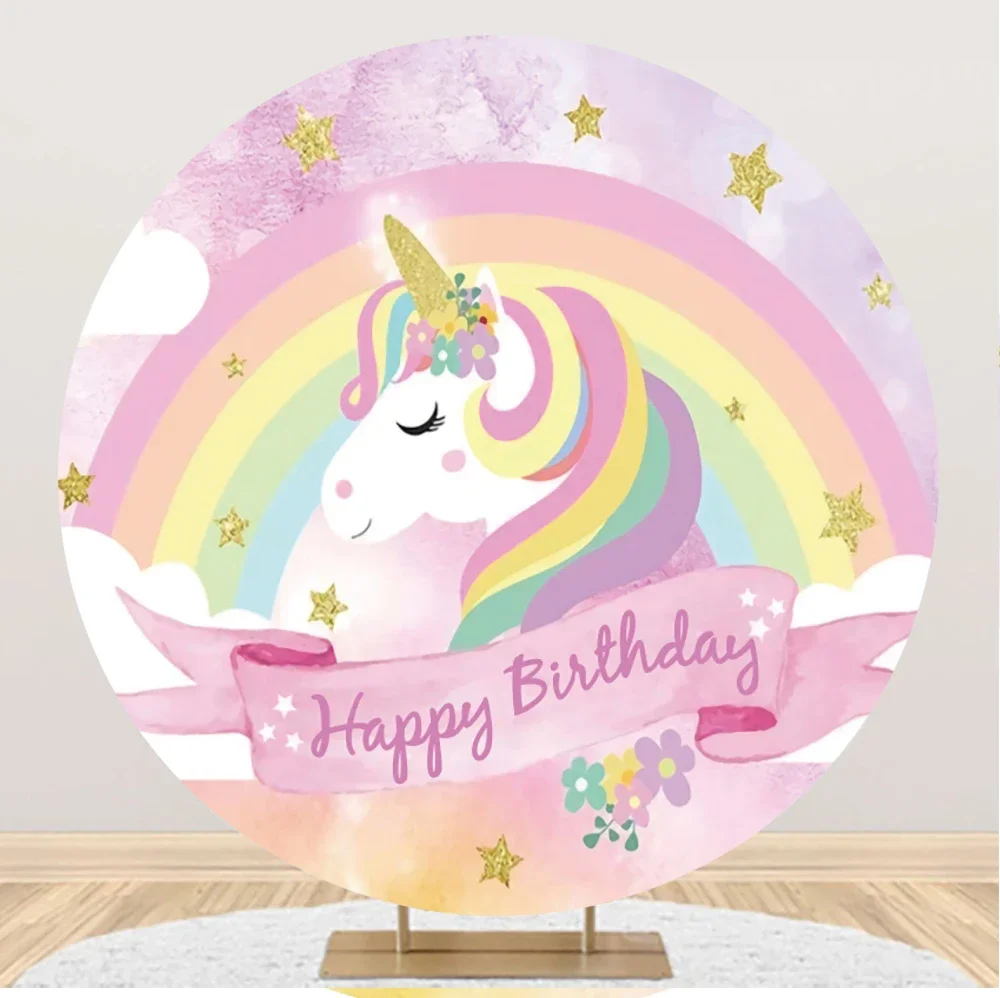 Tableclothsfactory Rainbow Unicorn Round Backdrop Gold Glitter Unicorn Floral Girls Baby Birthday Circle Cover For Photo Booth