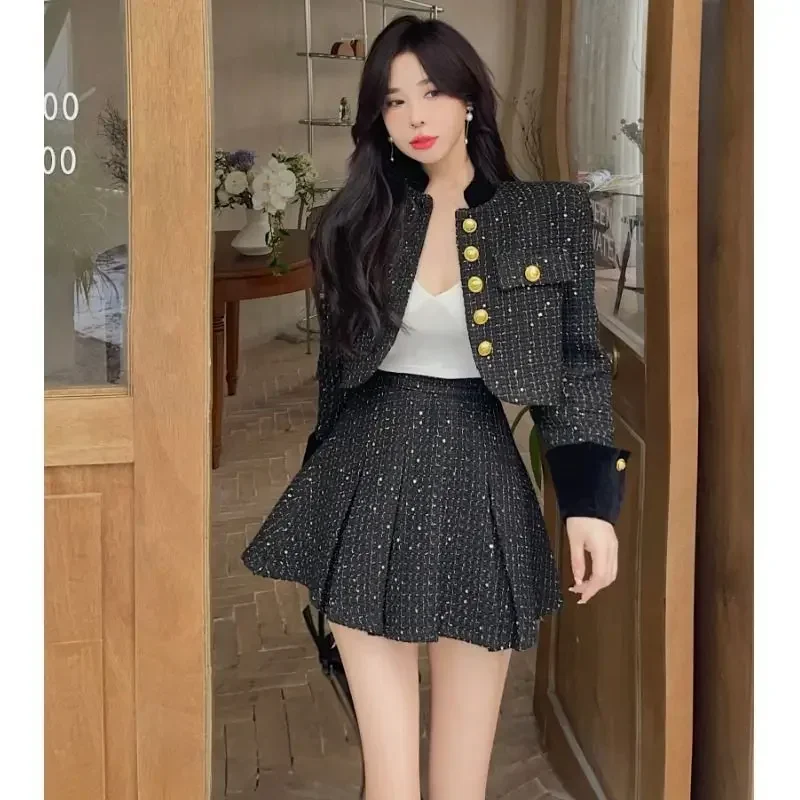 

Korean Fashion New Women Two Piece Skirt Sets O Neck Long Sleeve Single Breasted Jacket + High Waist A Line Pleated Mini Dress