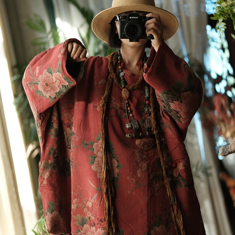 

100% Cotton Women Casual Parkas New Arrival 2025 Winter Vintage Style O-neck Floral Print Loose Female Thick Warm Coats M2102