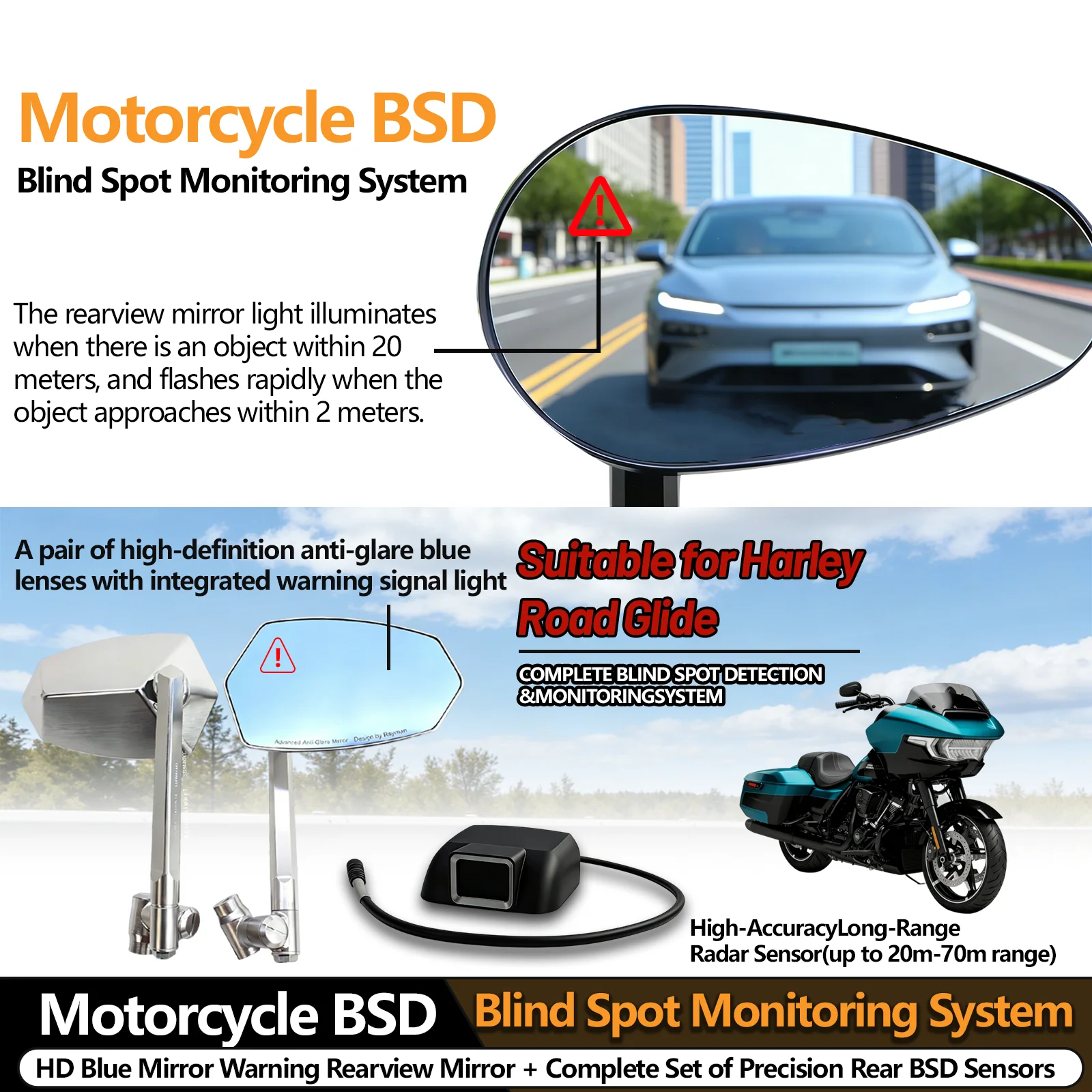 

Новое зеркало с радаром для обнаружения слепых зон для мотоциклов Harley-Davidson Street Glide, Nightster 975, Road Glide, без сверления, из алюминиевого сплава.