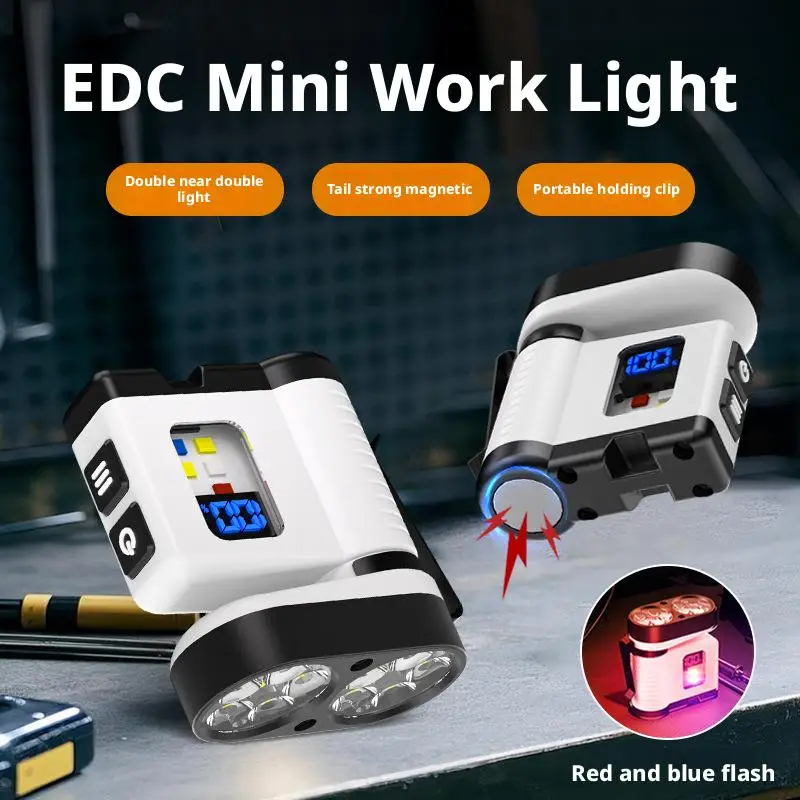 10LED Mini Flashlight with USB Charging Digital Display Red/Blue Warning Portable Magnetic Work Light for Outdoor Use