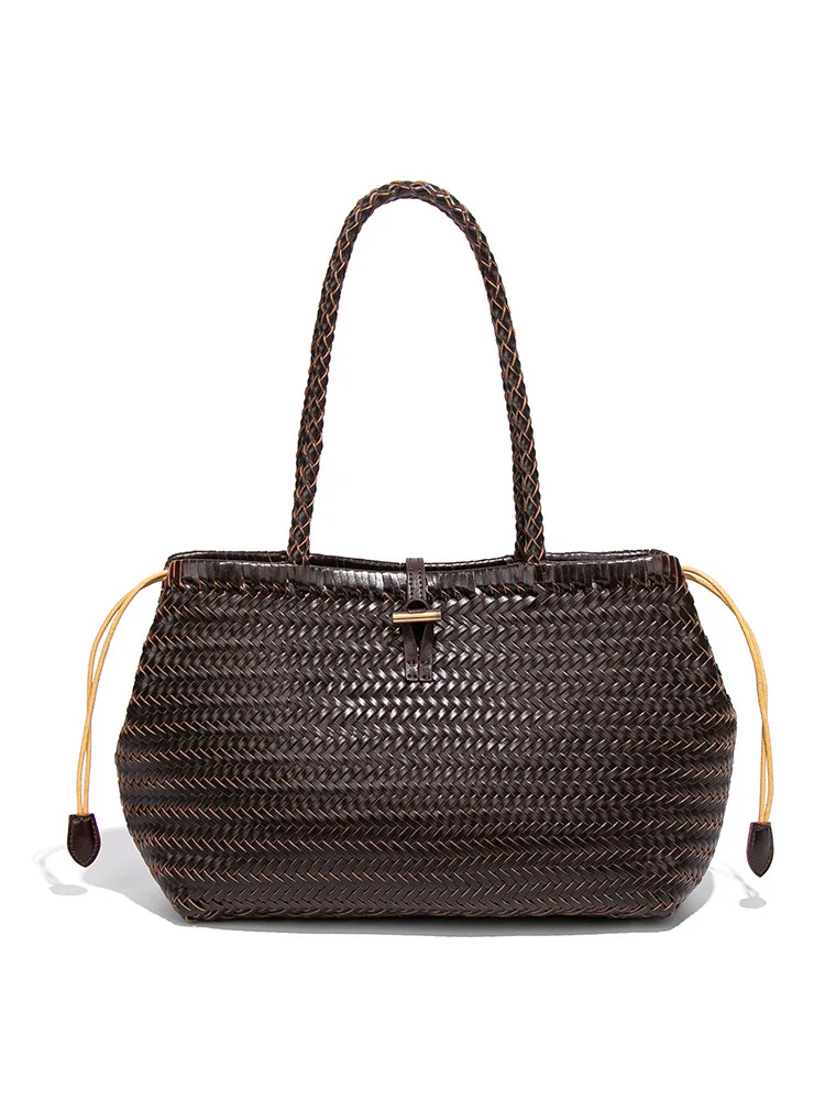 

French Designer Woven Genuine Leather Basket Tote Bag, Full Handmade Cowhide Long Handle Bag, Large Capacity Fashion Beach Bag