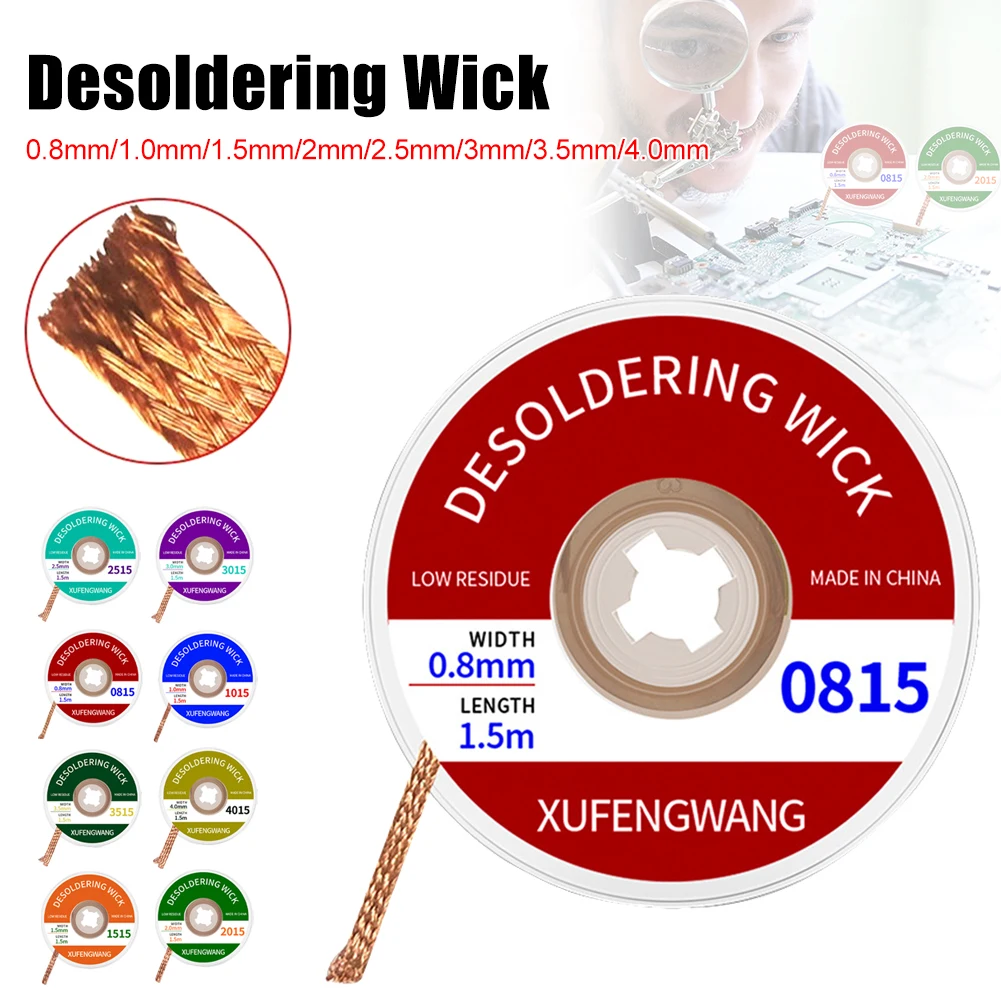 Solder Wick Braid, No Clean Flux, 0.8-4.0mm Width, Desoldering, Solder Remover Ribbon, Oxygen-free Copper Bobbin, 1.5m Long