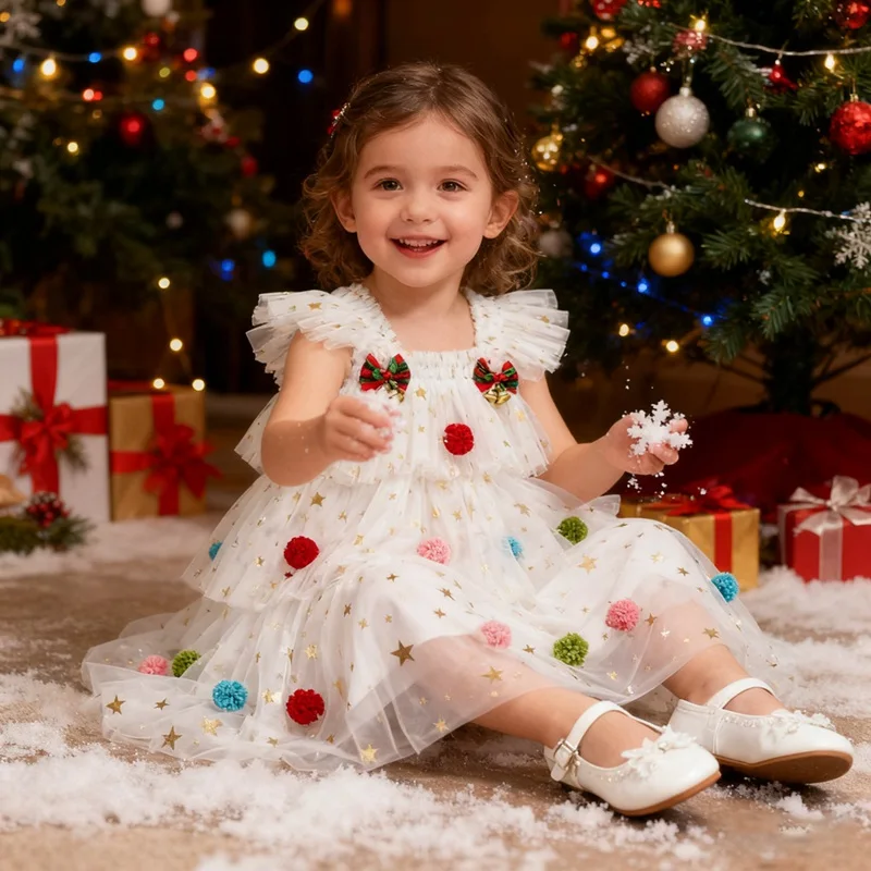 

Christmas Child Star Mesh Fly Sleeveless Layered Dress Girls Red Green White Kids Carnival Festival Party Fluffy Vestido 1-7T