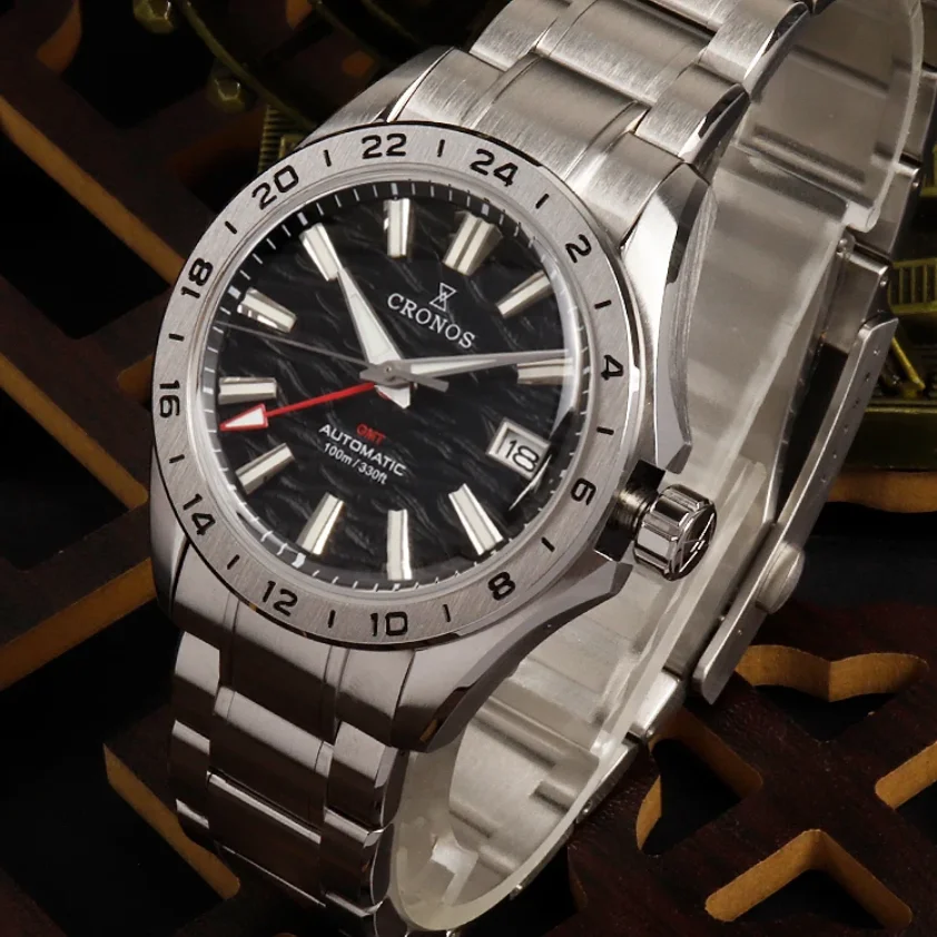 

CRONOS Мужские автоматические часы 39 мм GMT Механические наручные часы с сапфировым стеклом для дайвера 10ATM Водонепроницаемые BGW-9 Светящийся циферблат NH34 Desert