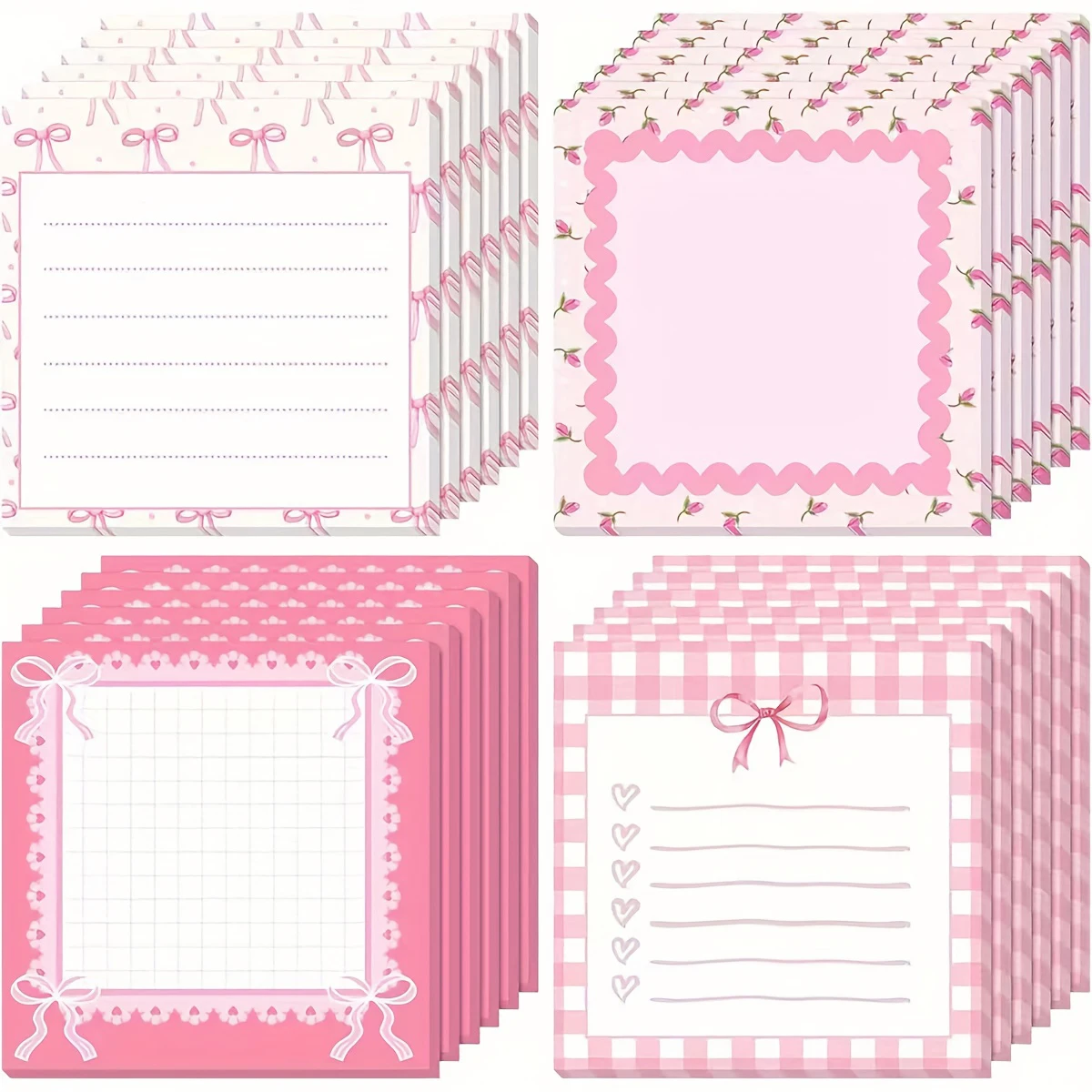 4PCS Pink Bow Sticky Notebook Cute Floral and Heart Design, Adorable Sticky Note Pads for Women, School Office Supply Party Gift