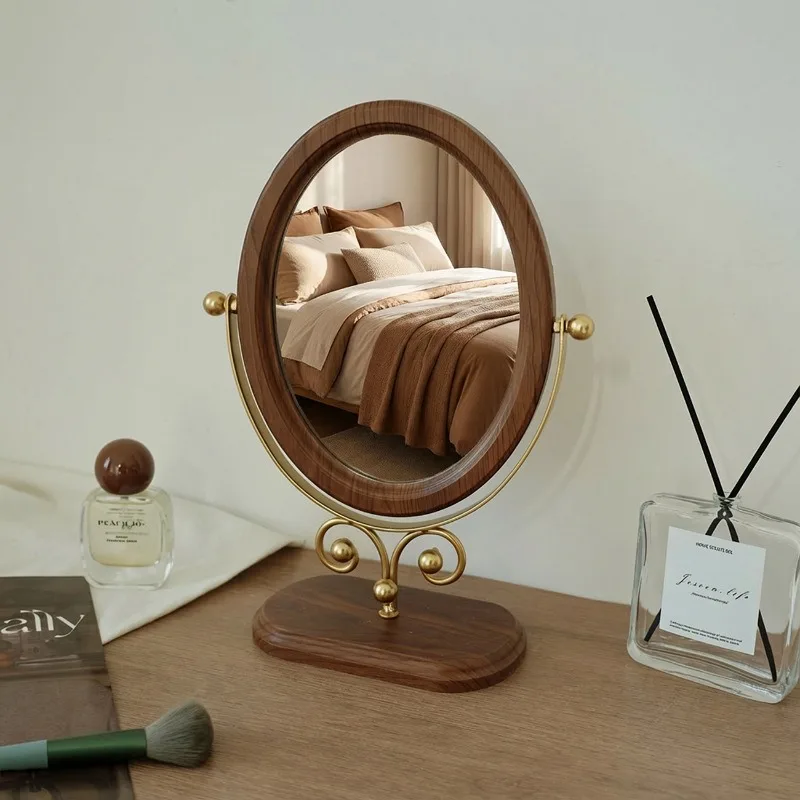 Vintage Wood Oval Vanity Mirror, Swivel Rotating Makeup Tabletop, Solid Frame Dresser Glass, Desktop Standing Beauty Reflector