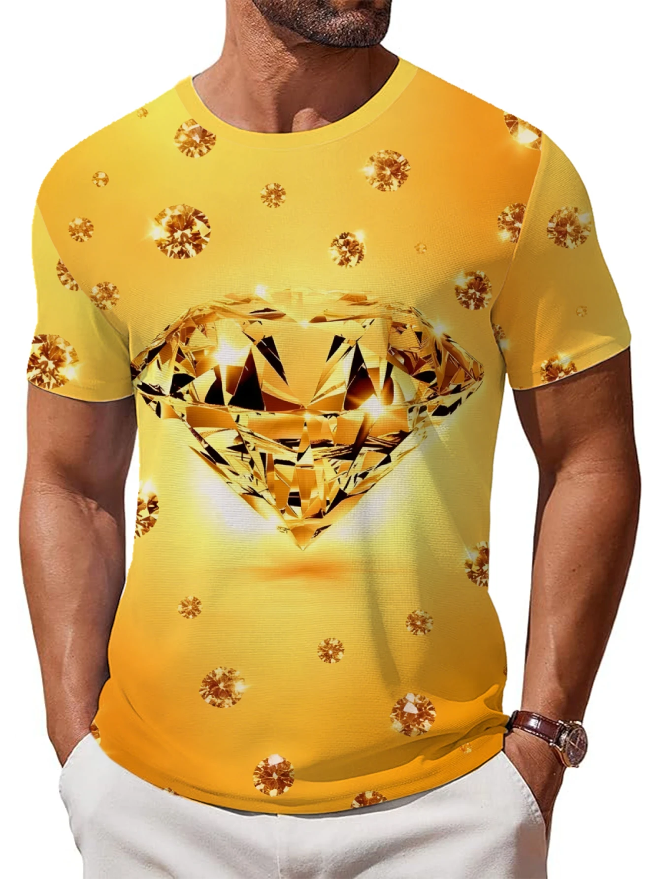 Men Large Golden Heart Diamond Small Diamond Gradient Yellow Background Print Short Sleeve Crew Neck Casual T-shirt
