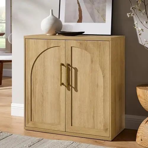 Arched Door Sideboard Buffet Cabinet, Natural Oak | Modular, Multi-Compartment Storage, Adjustable Shelf, Soft Close