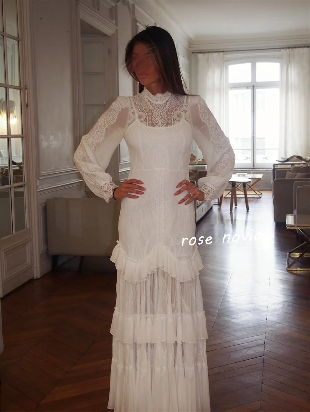 Customized Lace Ruched High Collar A-line Long Dresses Bespoke Occasion Wedding Party Simple Elegant Formal Charming image 2