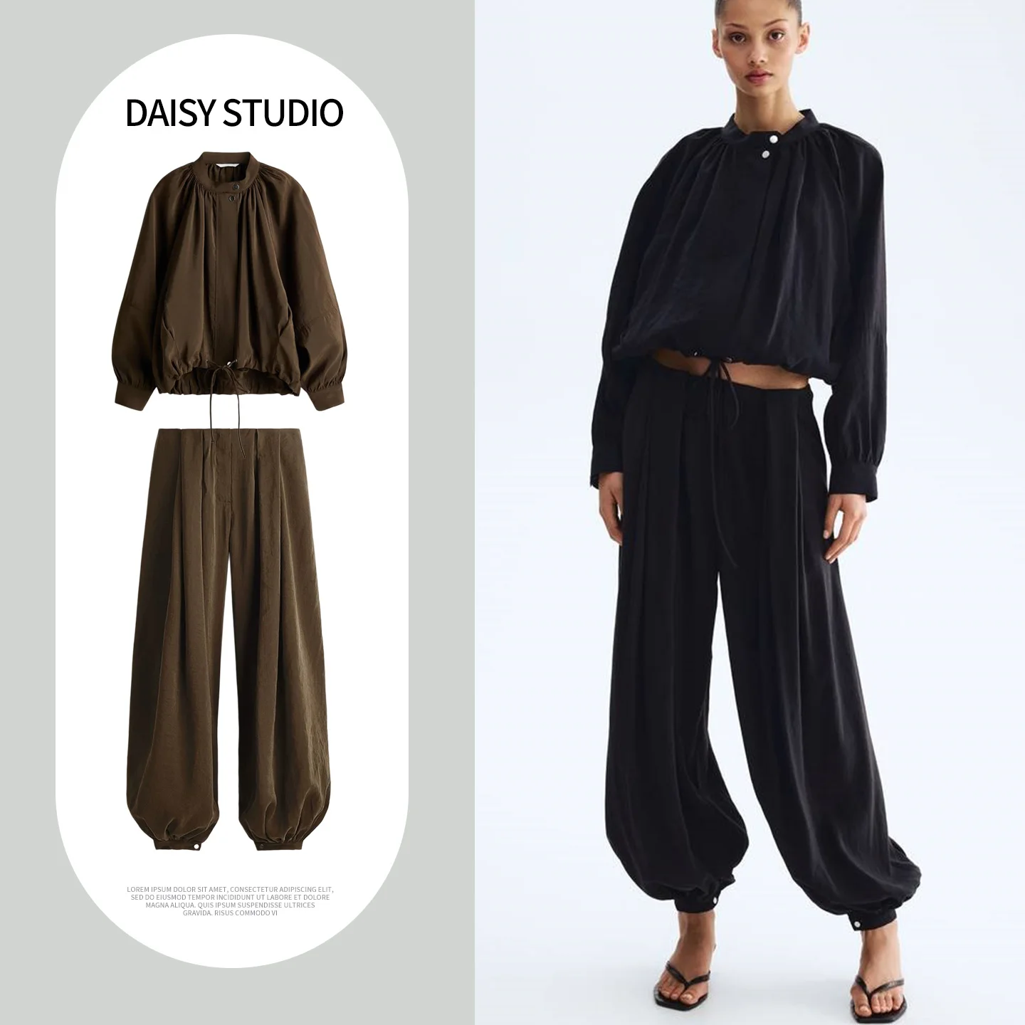 Chinese Style Stand Collar Long Sleeve Lantern Sleeve Coat Loose Casual Pants mid Waist Wide Leg Summer Fashion Set for Women