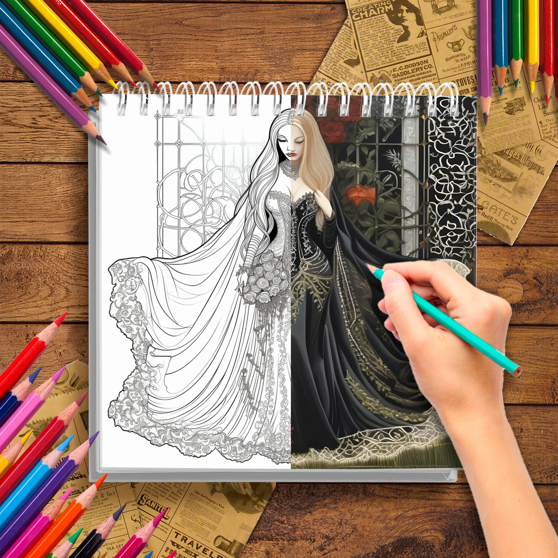 Adult Coloring Book with Bride and Groom As The Main Theme, Quiet, Exquisite, Dark Theme, Thickened Coloring Book