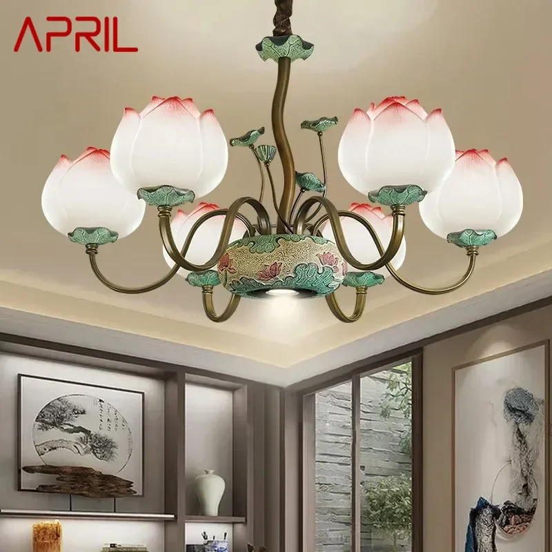 APRIL Contemporary Lotus Pendent Lamp Retro Creativity LED Living Room Restaurant Bedroom Study Villa HotelTearoom Chandelier