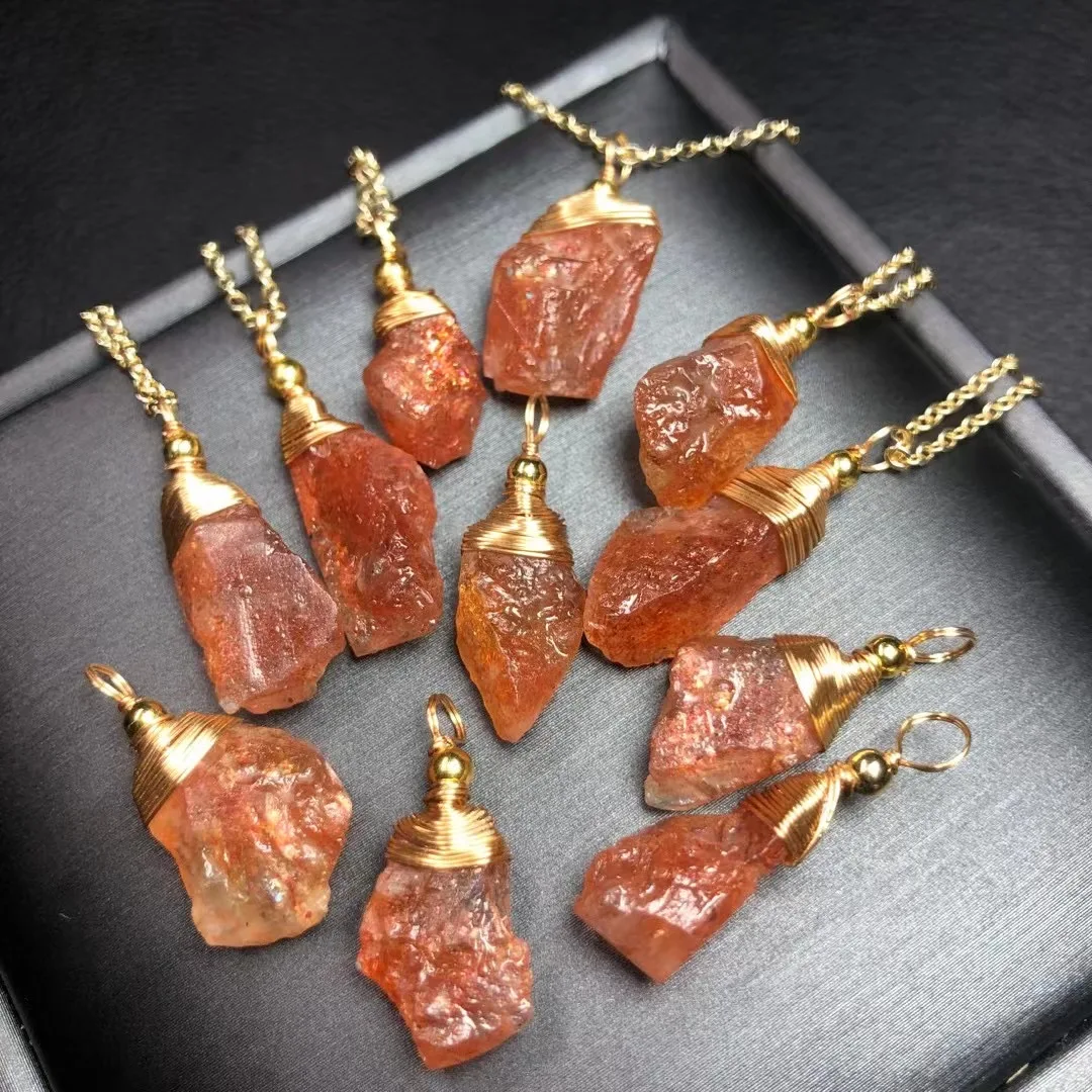 1 Pc Fengbaowu Natural Raw Rough Gold Sunstone Wire Wrapping Necklace Pendant Reiki Healing Stone Jewelry Gift For Women Men