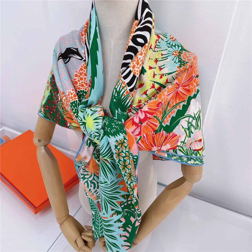 135CM Silk Cashmere Scarf Women Hand Rolled Shawl Forest Zebra Print Square Scarves Wraps Lady Bandana Big Hijab Female Foulards