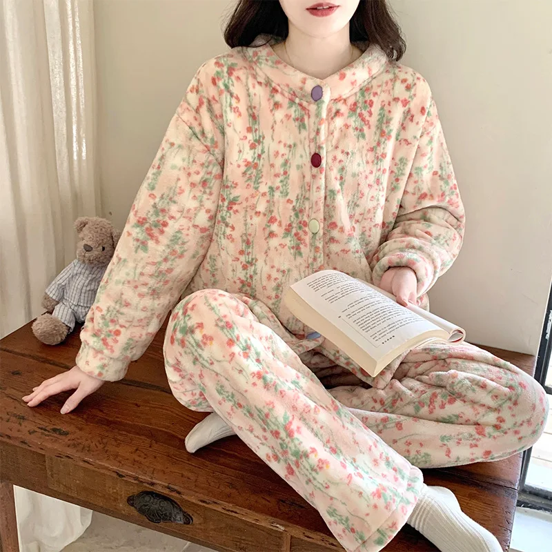 Conjunto de pijama con cárdigan para mujer, ropa de dormir cálida de manga larga con forro polar, ropa de dormir cómoda y acogedora para el hogar, novedad de otoño