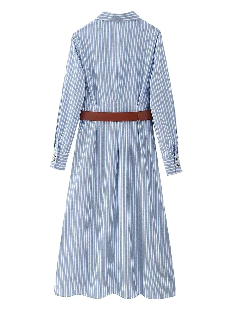 KAOPU ZA Women with belt stripes midi shirt dress vintage lapel-neck long sleeves button-up female dresses vestidos mujer