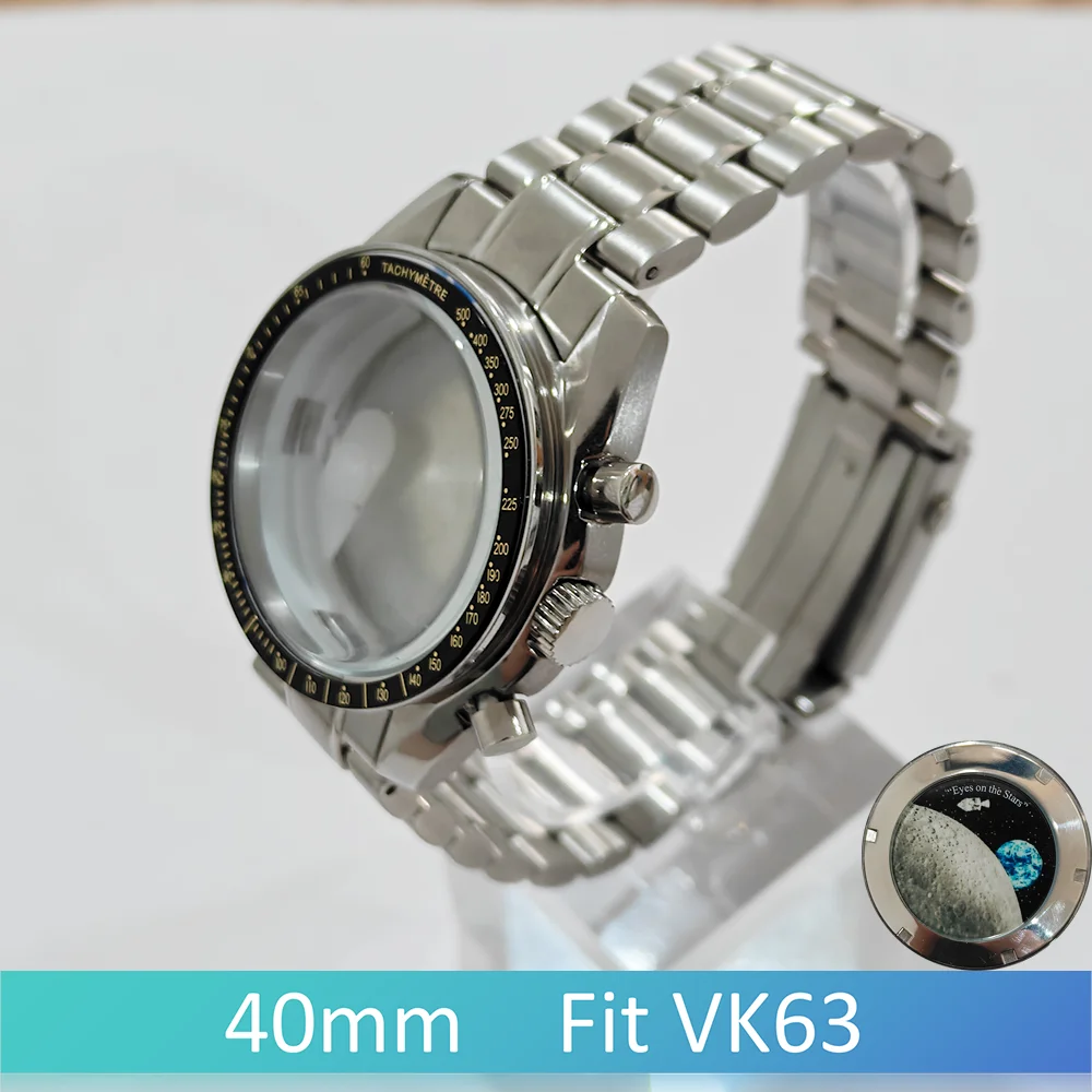 Fit VK63 Case 40mm Moon Watch 316L roestvrij staal Mineraalglas 20mm band Zilver/zwart Monteren de horloges Vervang onderdelen